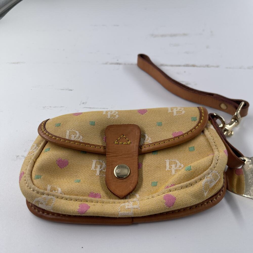 Vintage Y2K Dooney & Bourke Golden TanHearts Signature DB Jacquard Flap Wristlet